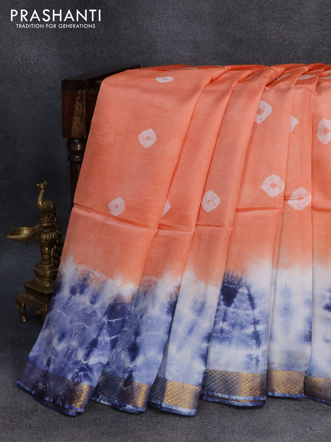 Banana silk saree peach orange and off white blue with tie and dye batik butta prints and zari woven border