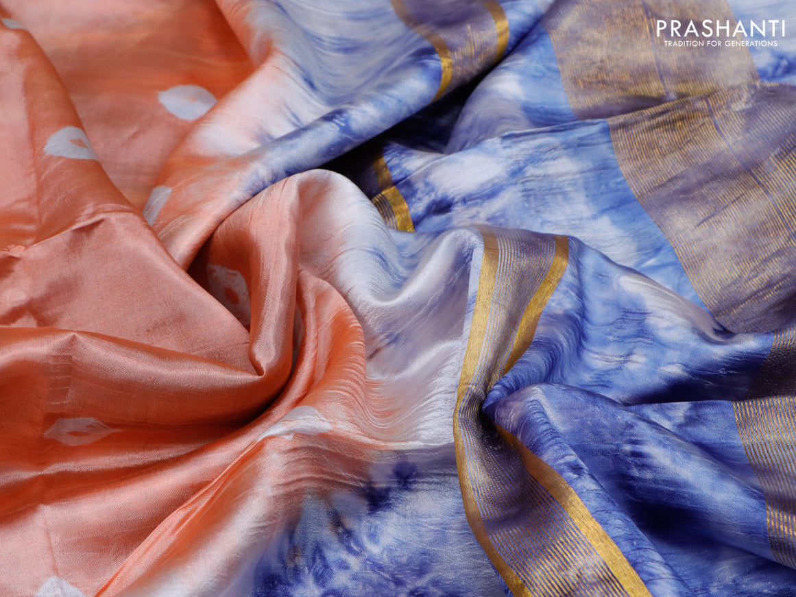 Banana silk saree peach orange and off white blue with tie and dye batik butta prints and zari woven border