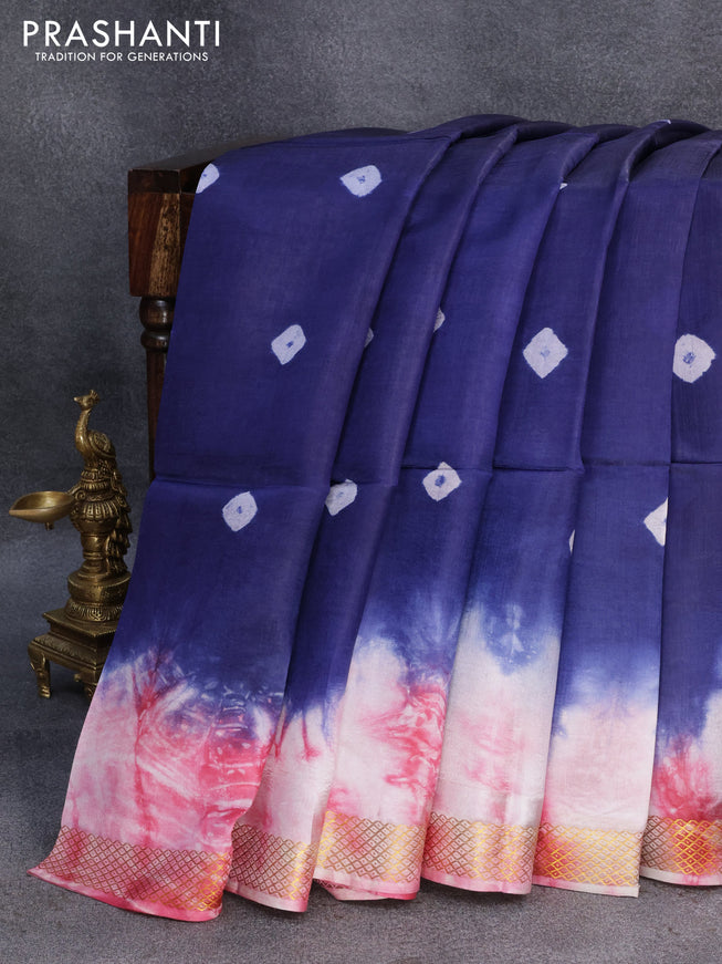 Banana silk saree navy blue and off white pink with tie and dye batik butta prints and zari woven border