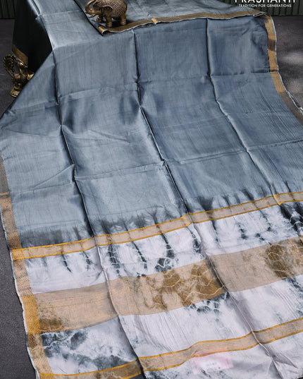 Banana silk saree grey and off white with plain body and zari woven border