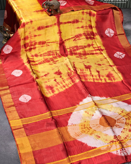 Banana silk saree mango yellow and red with tie and dye batik butta prints and zari woven border