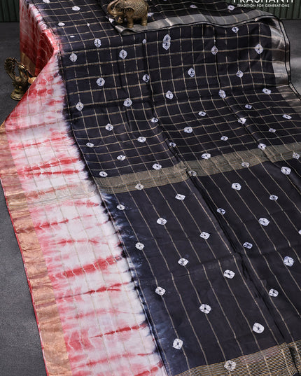 Banana silk saree black and red with allover zari checked pattern & batik butta prints and zari woven border