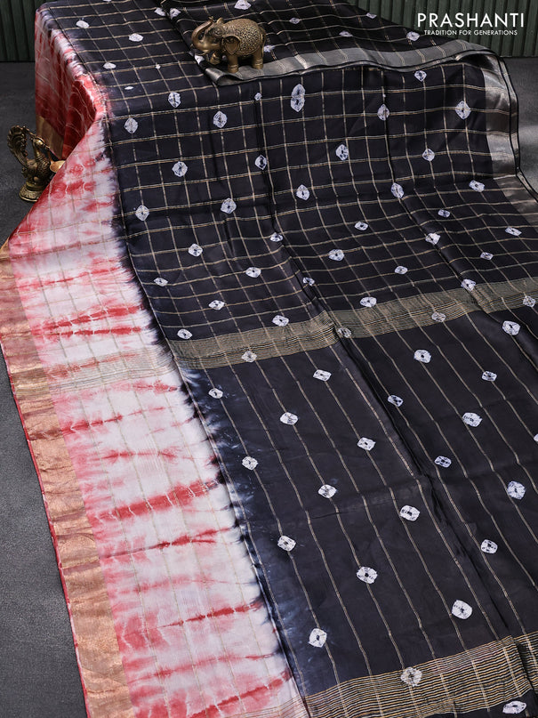 Banana silk saree black and red with allover zari checked pattern & batik butta prints and zari woven border