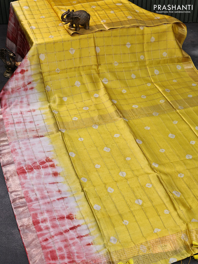 Banana silk saree yellow and red with allover zari checked pattern & batik butta prints and zari woven border