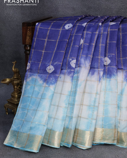 Banana silk saree blue and light blue with allover zari checked pattern & batik butta prints and zari woven border