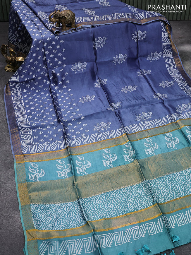Banana silk saree blue shade and teal blue with allover butta prints and zari woven border