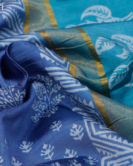 Banana silk saree blue shade and teal blue with allover butta prints and zari woven border