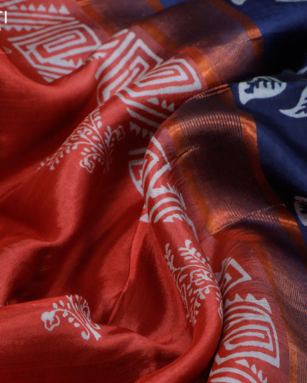 Banana silk saree red and dark navy blue with allover butta prints and copper zari woven border