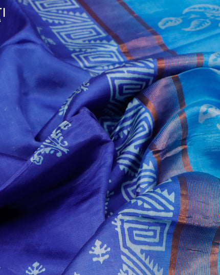 Banana silk saree blue and light blue with allover butta prints and copper zari woven border