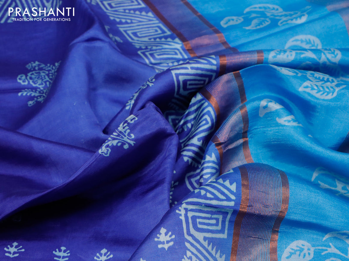 Banana silk saree blue and light blue with allover butta prints and copper zari woven border