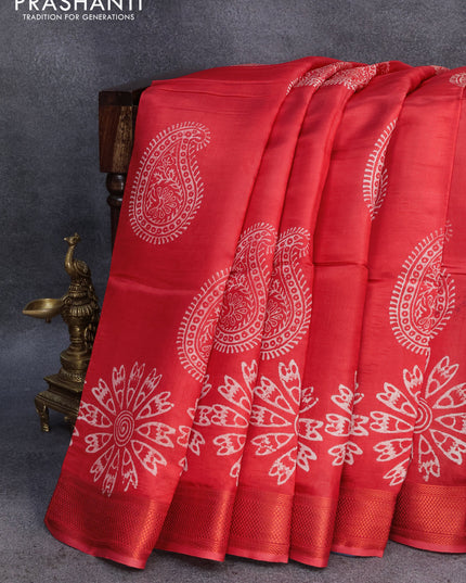 Banana silk saree red and dark navy blue with allover paisley & floral prints and copper zari woven border