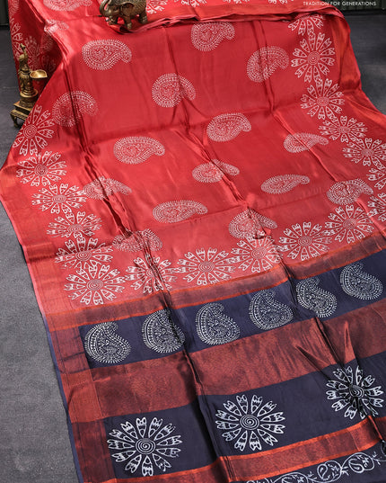 Banana silk saree red and dark navy blue with allover paisley & floral prints and copper zari woven border