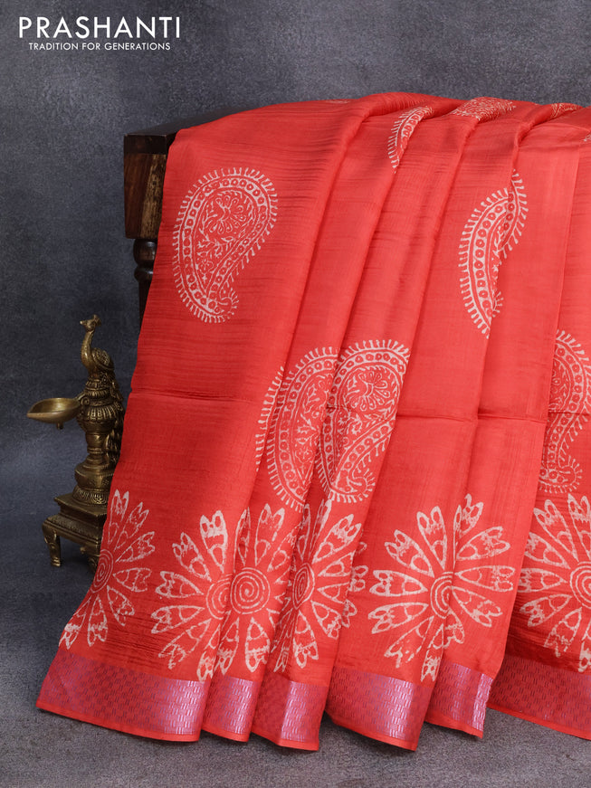 Banana silk saree red and deep maroon with allover paisley & floral prints and pink zari woven border
