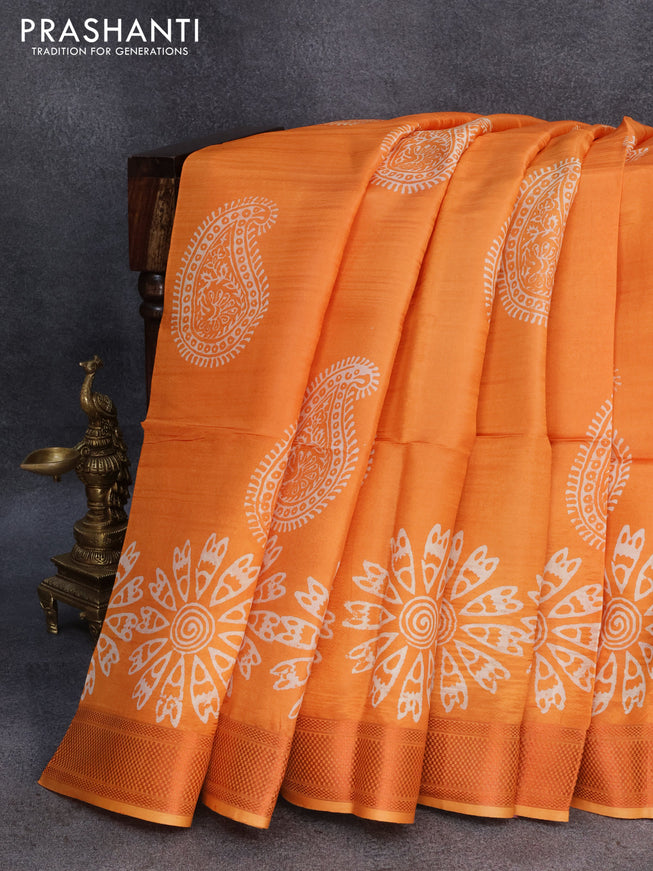 Banana silk saree orange and deep maroon with allover paisley & floral prints and copper zari woven border