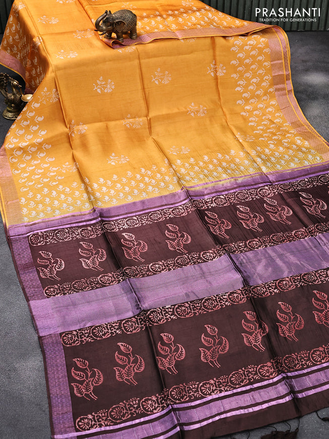 Banana silk saree mango yellow and coffee brown with allover paisley & floral prints and pink zari woven border