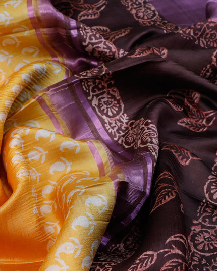 Banana silk saree mango yellow and coffee brown with allover paisley & floral prints and pink zari woven border