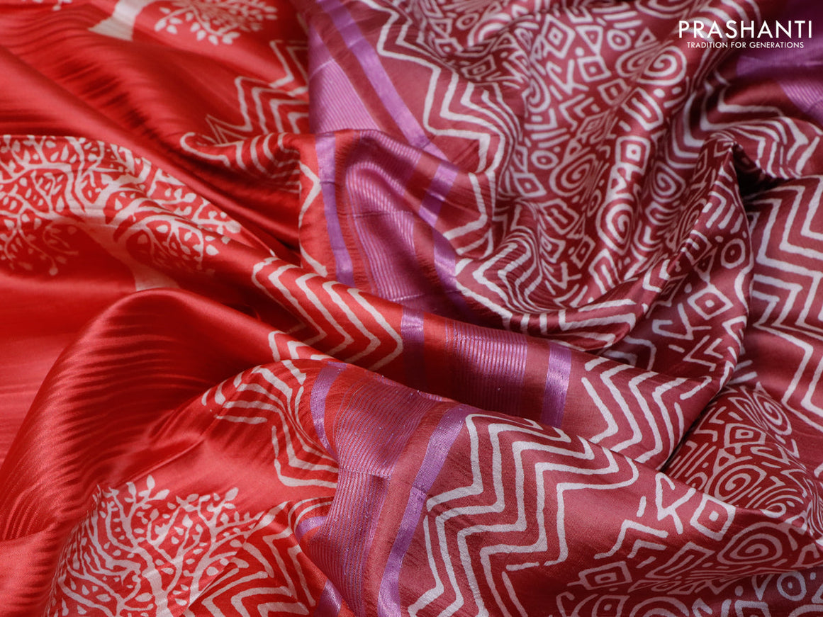 Banana silk saree red and deep maroon with tree butta prints and temple design pink zari woven border
