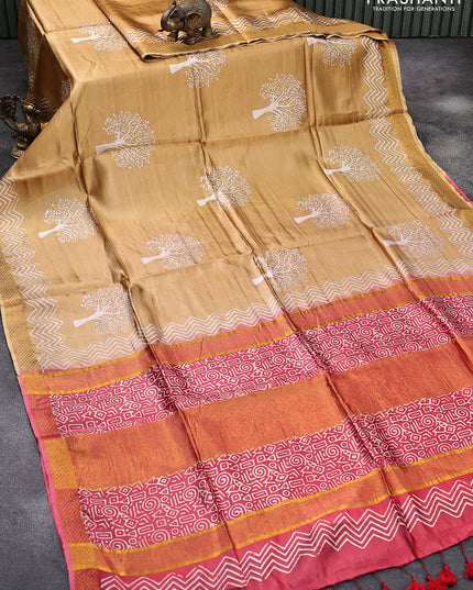 Banana silk saree sandal and red with tree butta prints and zari woven border