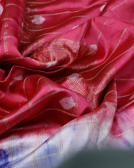 Banana silk saree pink and blue with allover checked pattern & batik butta prints and zari woven border