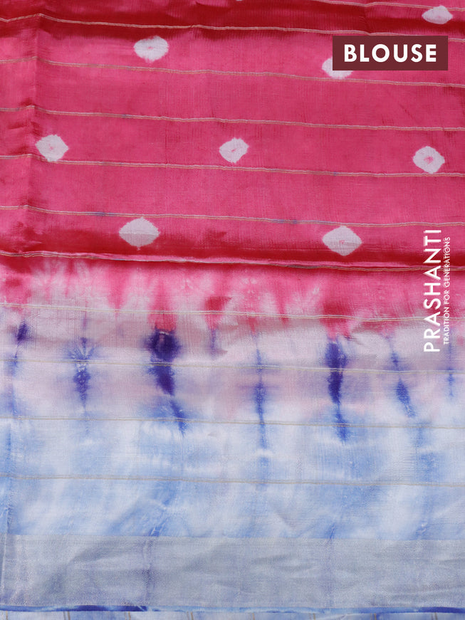 Banana silk saree pink and blue with allover checked pattern & batik butta prints and zari woven border