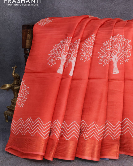 Banana silk saree red and black with tree butta prints and copper zari woven border