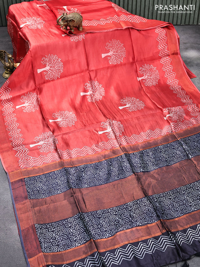 Banana silk saree red and black with tree butta prints and copper zari woven border
