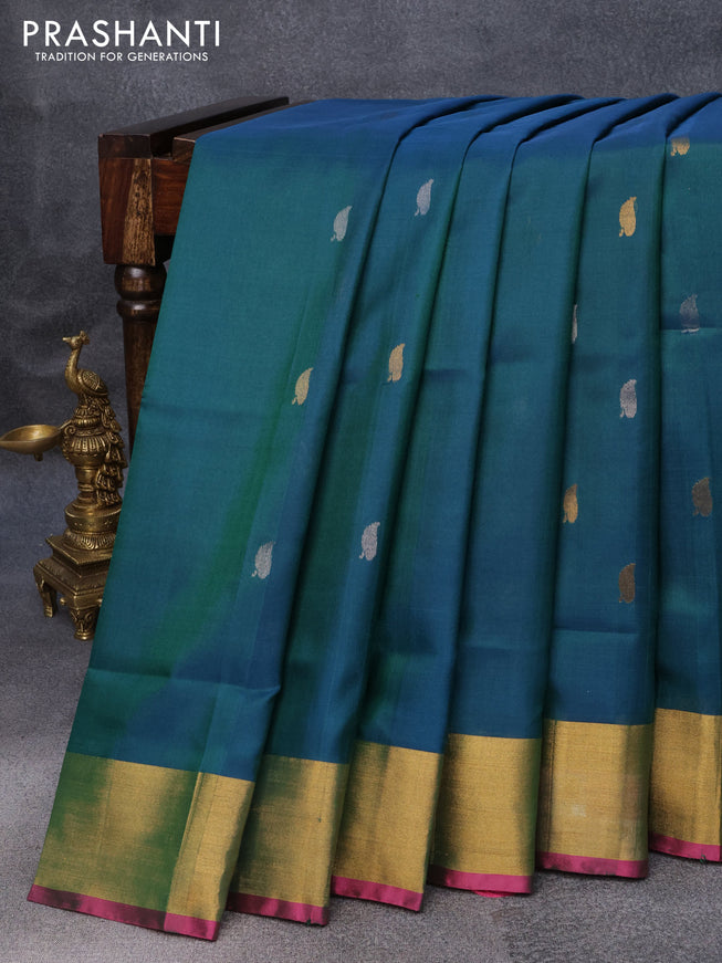 Pure uppada silk saree dual shade of bluish green and pink with silver & gold zari woven buttas and zari woven border