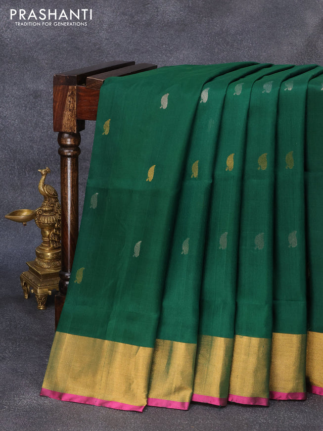Pure uppada silk saree green and pink with silver & gold zari woven buttas and zari woven border