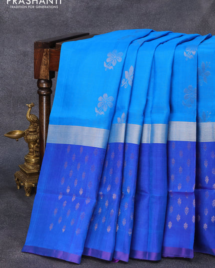 Pure uppada silk saree cs blue and blue with silver zari woven floral buttas and long silver zari woven butta border