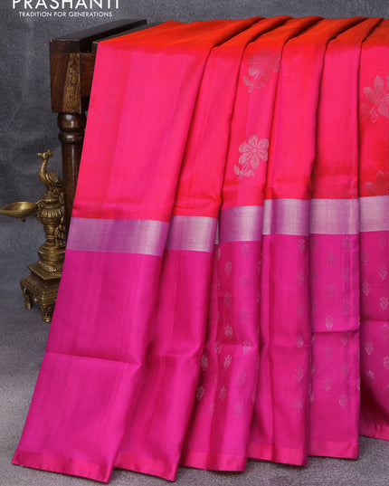 Pure uppada silk saree dual shade of pinkish orange and pink with silver zari woven floral buttas and long silver zari woven butta border