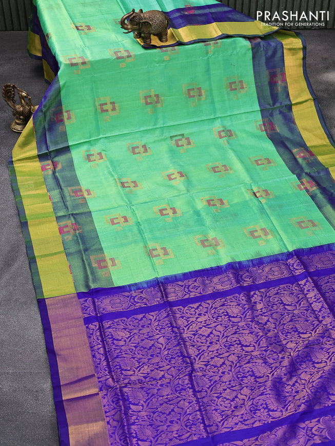 Pure uppada silk saree dual shade of green and blue with thread & zari woven geometric buttas and zari woven border