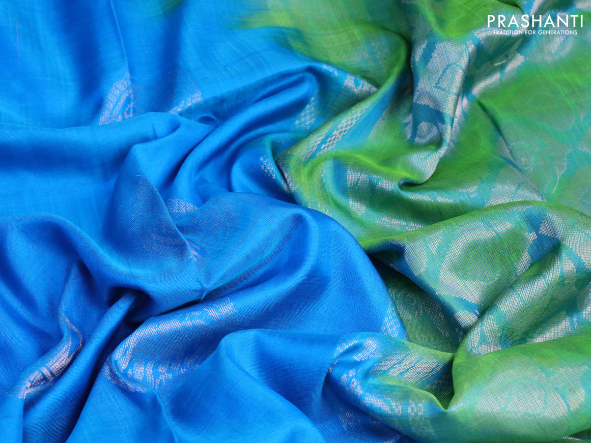 Pure uppada silk saree cs blue and dual shade of green with silver zari woven buttas and long silver zari woven border