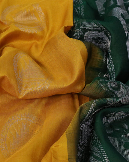 Pure uppada silk saree yellow and green with silver zari woven buttas and long silver zari woven border