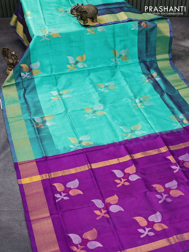 Pure uppada silk saree teal green and purple with zari woven jamdhani buttas and zari woven border