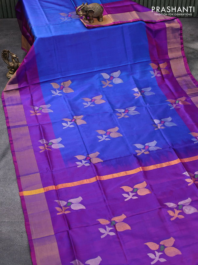 Pure uppada silk saree blue and dual shade of purple with zari woven jamdhani buttas and zari woven border