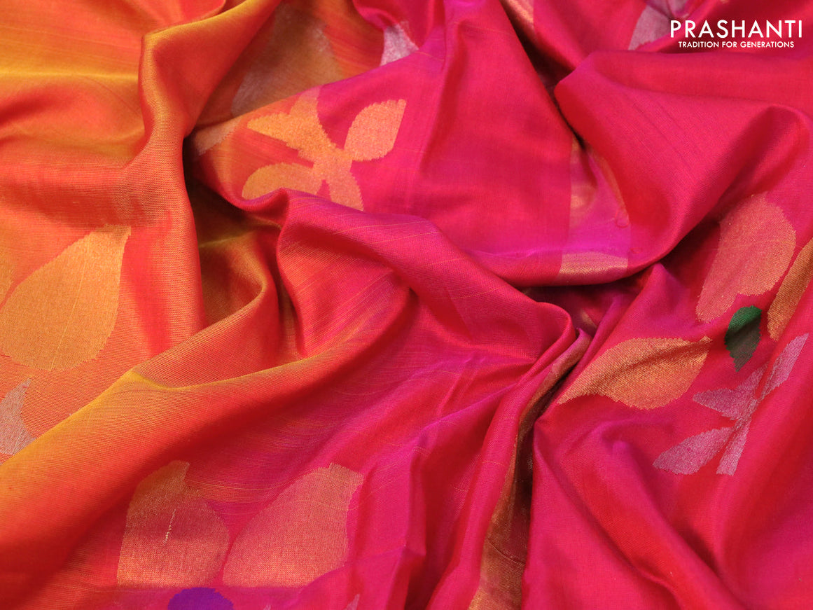 Pure uppada silk saree dual shade of mustard yellow and pink with zari woven jamdhani buttas and zari woven border