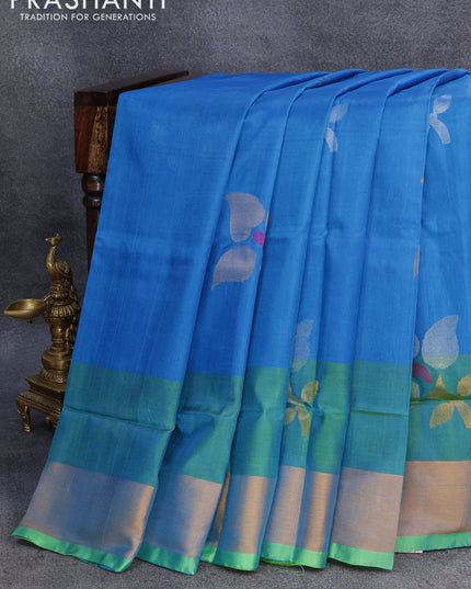 Pure uppada silk saree cs blue and green with floral jamdhani buttas and zari woven border