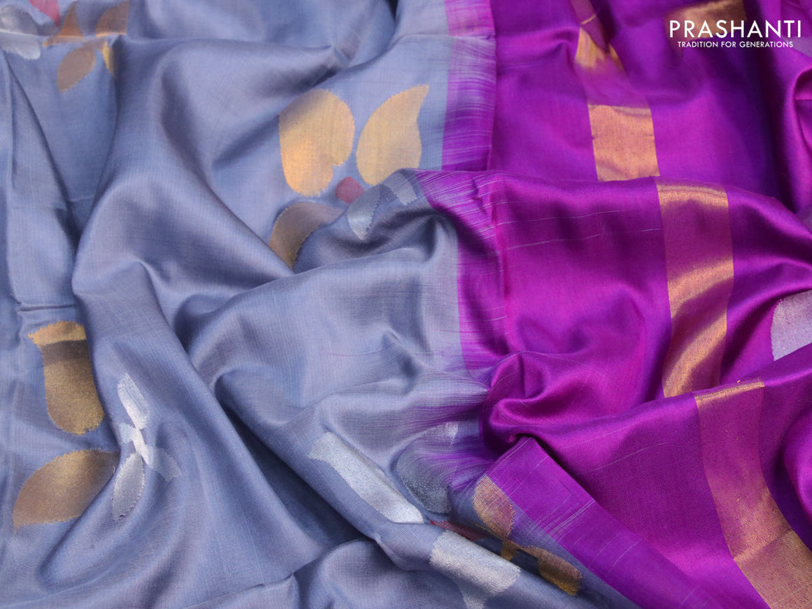 Pure uppada silk saree grey and purple with floral jamdhani buttas and zari woven border