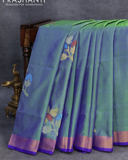 Pure uppada silk saree dual shade of bluish green and blue with floral jamdhani buttas and zari woven border