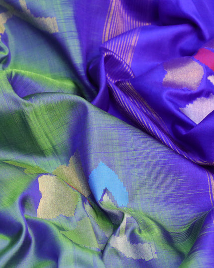 Pure uppada silk saree dual shade of bluish green and blue with floral jamdhani buttas and zari woven border