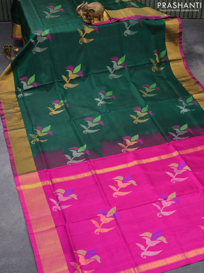 Pure uppada silk saree dark green and magenta pink with floral jamdhani buttas and zari woven border