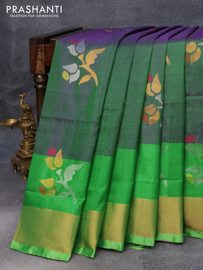 Pure uppada silk saree dual shade of greenish blue and green with floral jamdhani buttas and zari woven border