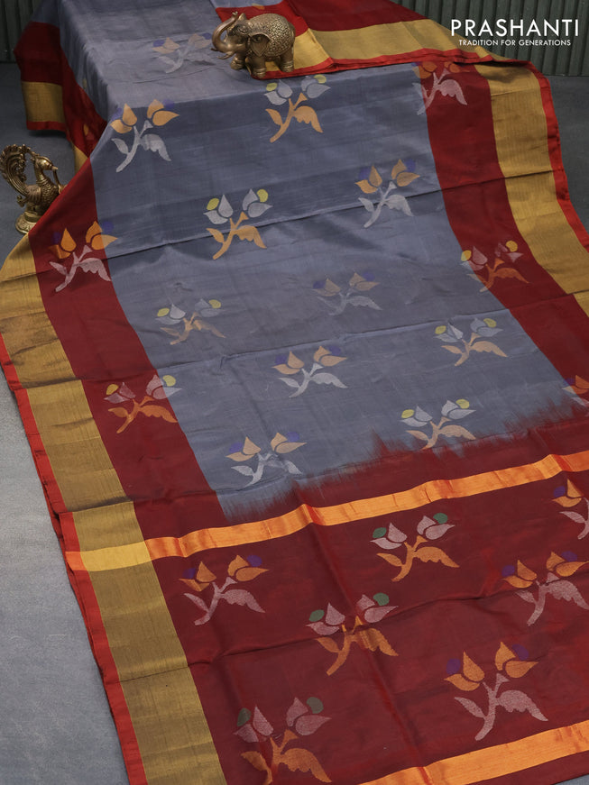 Pure uppada silk saree grey and maroon with floral jamdhani buttas and zari woven border