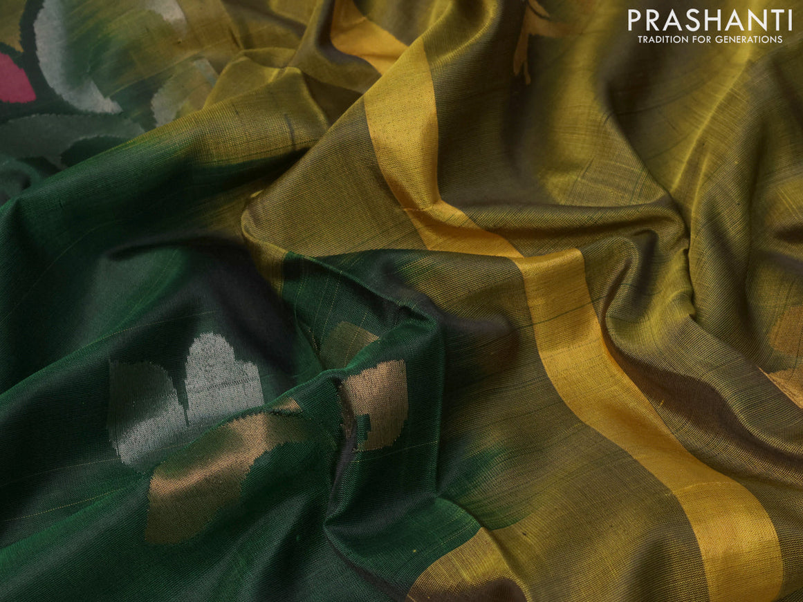 Pure uppada silk saree dark green and mehendi green with floral jamdhani buttas and zari woven border