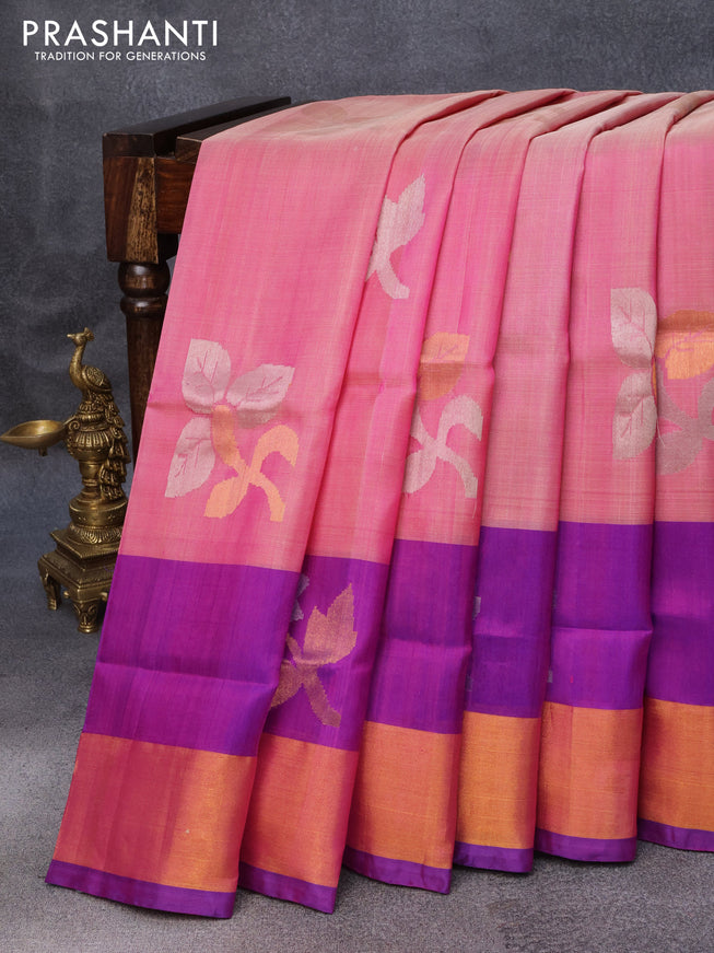 Pure uppada silk saree dual shade of pink and purple with floral jamdhani buttas and zari woven border