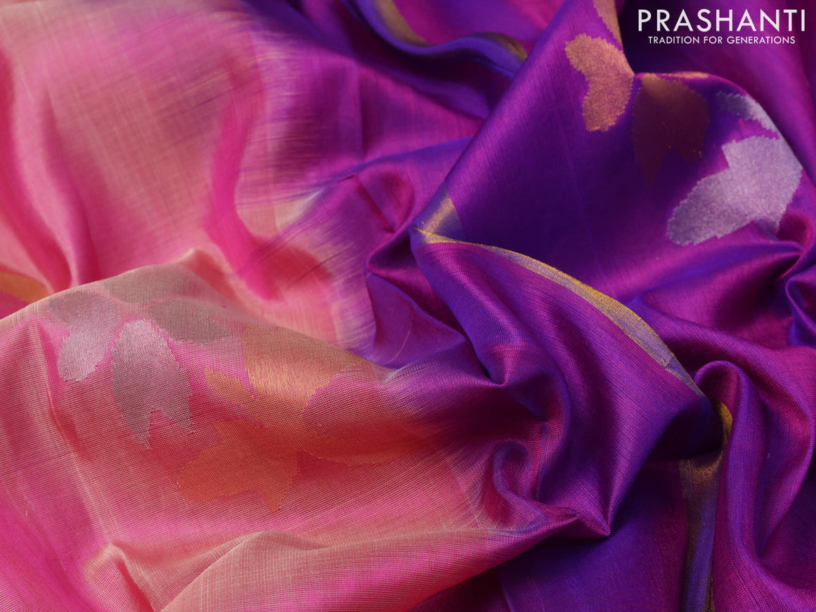 Pure uppada silk saree dual shade of pink and purple with floral jamdhani buttas and zari woven border