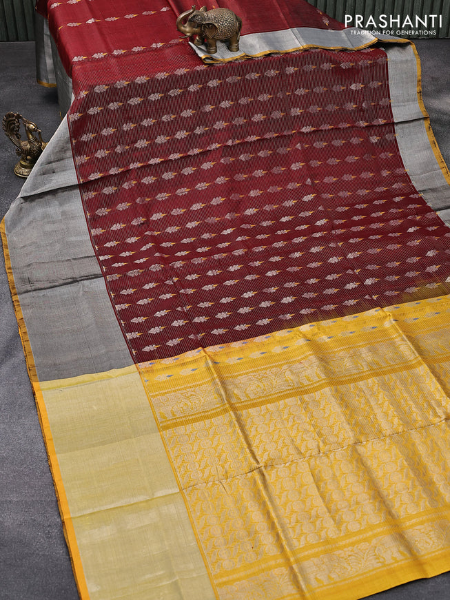 Pure uppada silk saree maroon and yellow with allover silver zari stripe & buttas and long zari woven border