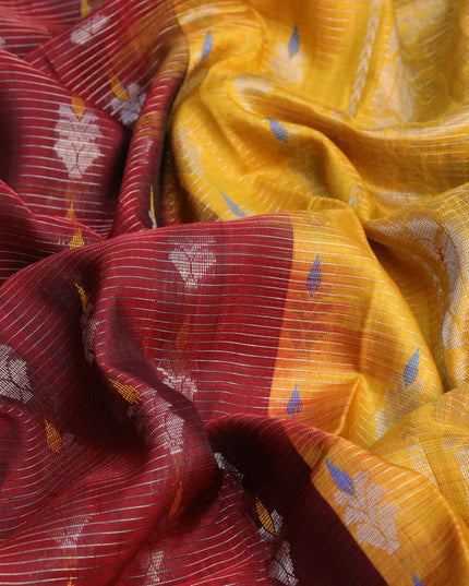 Pure uppada silk saree maroon and yellow with allover silver zari stripe & buttas and long zari woven border