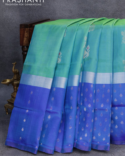 Pure uppada silk saree dual shade of tea lbluish green with thread & silver zari woven buttas and long silver zari woven butta border