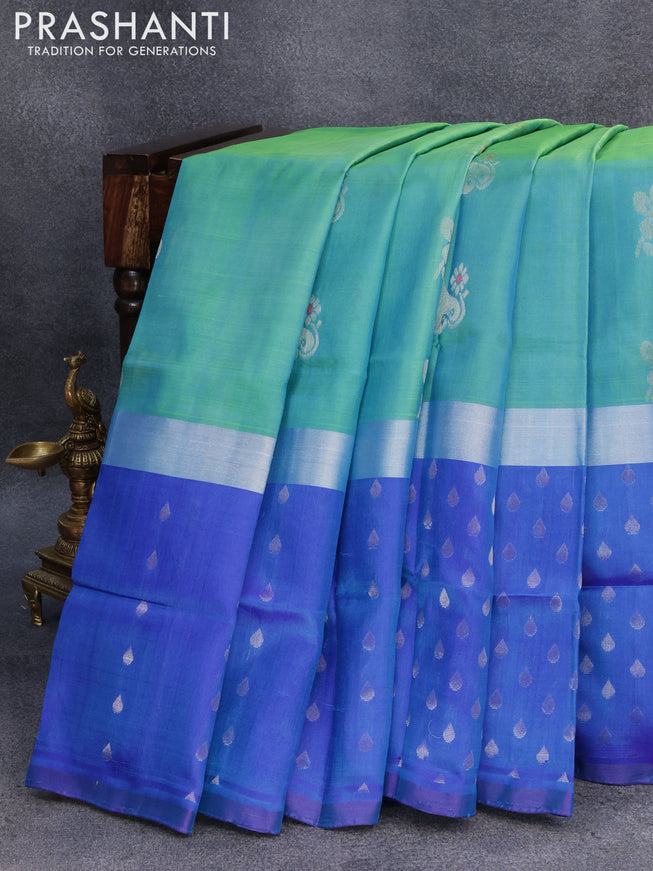 Pure uppada silk saree dual shade of tea lbluish green with thread & silver zari woven buttas and long silver zari woven butta border